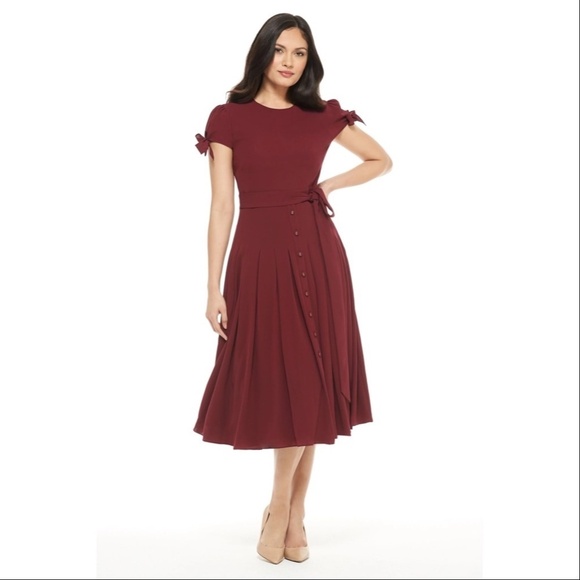 GAL MEETS GLAM | Bette Pleated Midi Dress Burgundy Red Tie Waist - Picture 1 of 6